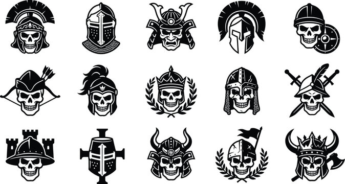 Skull helmet collection silhouette historical warrior viking headgear emblems