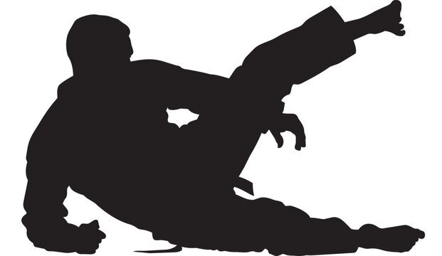 Man in dynamic martial arts pose with one leg extended and arm outstretched in a powerful motion