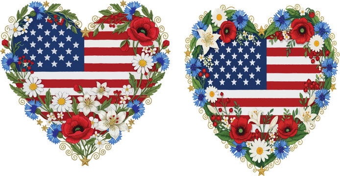 Heart shaped american flag design with floral decoration american patriotic independence national decorative botanical celebration greeting illustration traditional