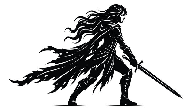 A fierce female warrior with a flowing cape and sword