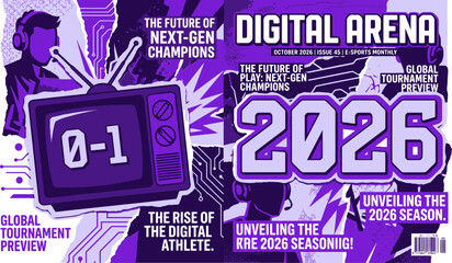 Esports magazine cover template with futuristic digital arena theme, purple gaming tournament poster, retro television and gamer silhouette vector © 成 sнıηяα тєηsєı ツ