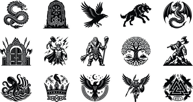 Norse mythology collection viking symbols dragons gods and runestones black silhouette designs