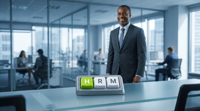 Manager poses by illuminated HRM blocks with coworkers blurred in a sleek corporate office.