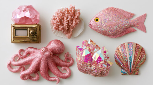 Sparkling Treasures: Vintage Device, Coral, Fish, Octopus, Crystals, and Scallop Shells