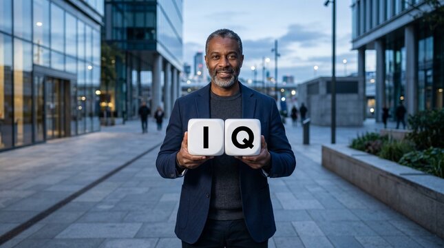 Businessman holds IQ letter cards while standing on a modern office walkway at dusk.