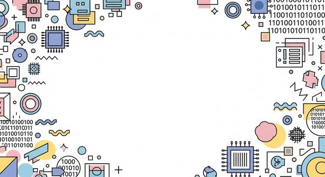 Digital background featuring binary code computer chips and geometric tech style symbols.