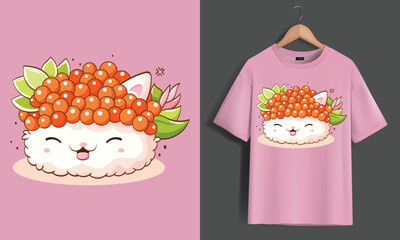 Kawaii cat sushi illustration with fish roe topping t-shirt design illustration japanese creative clothing character background merchandise gastronomy © Ziz_Design