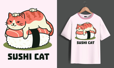 Sushi cat cartoon illustration with text for t-shirt graphic illustration japanese clothing character background merchandise creative © Ziz_Design
