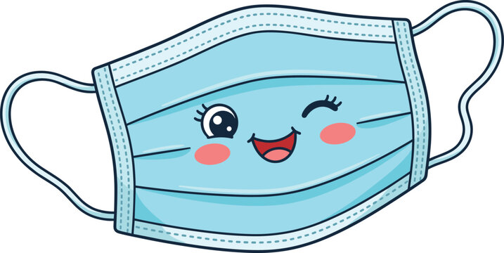 Cute Kawaii Cartoon Medical Face Mask Character with a Smiling and Winking Expression for Health Prevention Flu Safety and Hygiene Protection Concept Vector Illustration