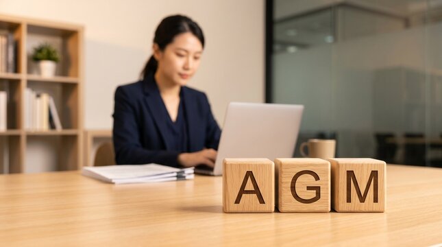 AGM blocks are arranged on a meeting table beside a businesswoman using a laptop in an office.