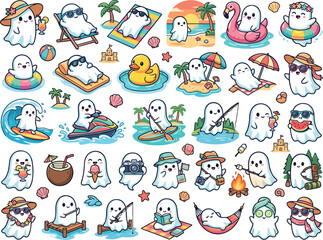 Obraz premium Summer Ghost Sticker Collection with Beach Vacation Activities Vector Illustration