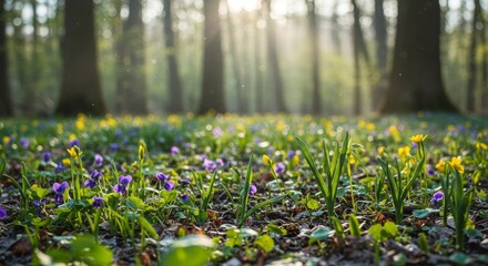 Fototapeta premium Cluster of small purple flowers dotting the forest floor, bathed in warm sunlight. Early spring bloom nature background. Natural wonder.
