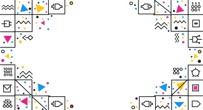 Digital technology pattern with electronic symbols and colorful geometric shapes in corners.