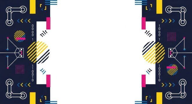 Abstract technology border frame featuring robotic arms with digital binary code patterns.