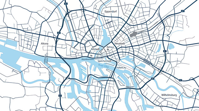 City Map Aerial View: Hamburg Germany Urban Network, Transportation Routes, Waterways