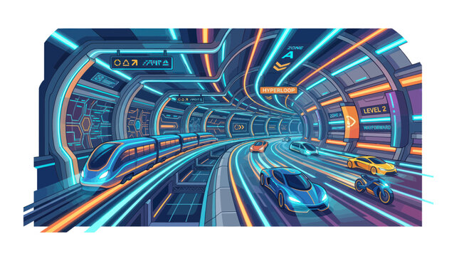 Futuristic Pixel Art Tunnel with Hyperloop Train and Cars