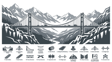 Suspension Bridge Over Mountain Valley, Engineering and Transport Infographic © Giesel