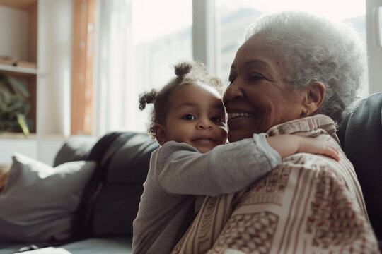 African American grandmother with granddaughter smiling portrait at home 