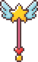 Naklejka premium Magic wand pixel art vector icon, retro 8 bit video game kids fairy toy, cartoon wizard tool with star, heart and wings