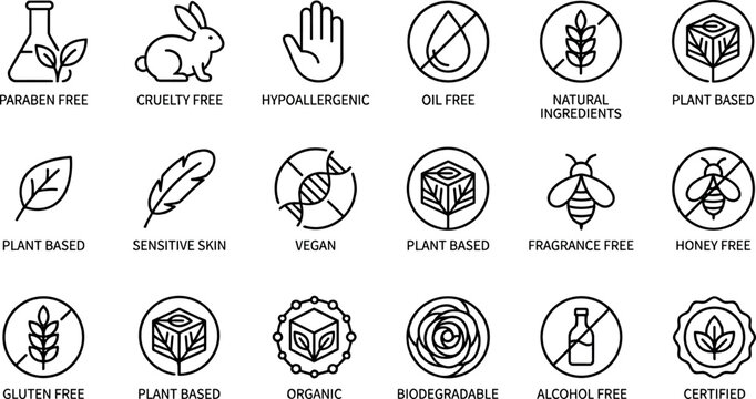 Cosmetic Badge Icon Set with Paraben Cruelty Hypoallergenic Vegan Plant Based and Natural Ingredient Symbols in Outline Line Art Style Vector Illustration