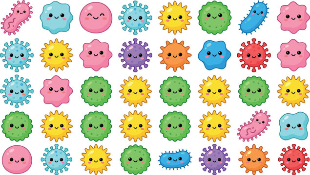 Kawaii Cartoon Bacteria and Virus Microbe Character Seamless Pattern or Icon Grid Set with Cute Smiling Faces for Kids Education Medical Wallpaper Vector Illustration