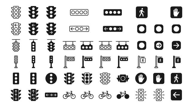 Traffic light vector icons collection, multiple vertical and horizontal traffic lights, hanging traffic lights, traffic light pole, pedestrian crossing signal flat minimal design, black icons.