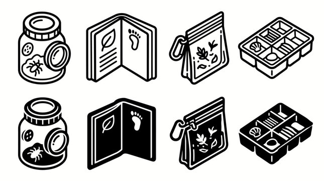 Monochrome icons: insects, books, bags, and containers