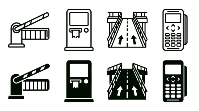 Set of eight black and white toll booth and payment icons