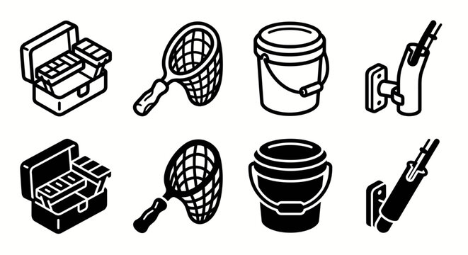 Fishing equipment icons: tackle box, net, bucket, and rod holder