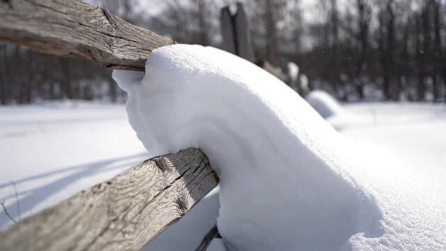 Thick white snow piled on a rustic wooden split rail fence in winter.