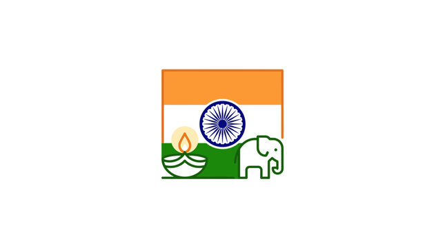 Indian National Symbol Icon with Elephant and Diya Lamp