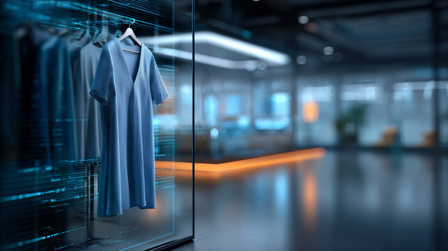 Modern blue dress displayed in a futuristic digital store environment, blending fashion with advanced technology. Sleek glass walls and neon lighting create a high tech retail atmosphere