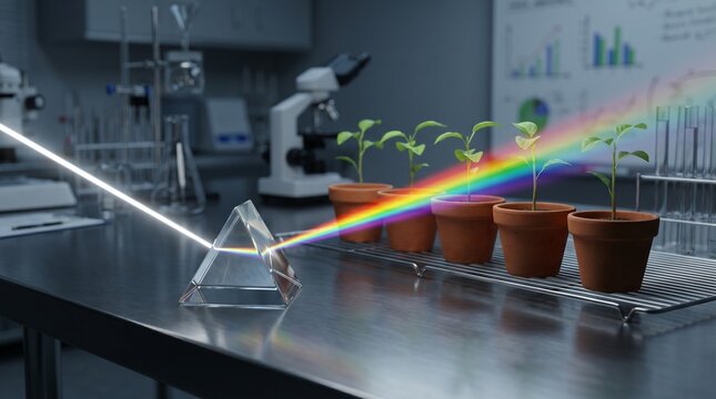 Plants grow under rainbow light in laboratory setting