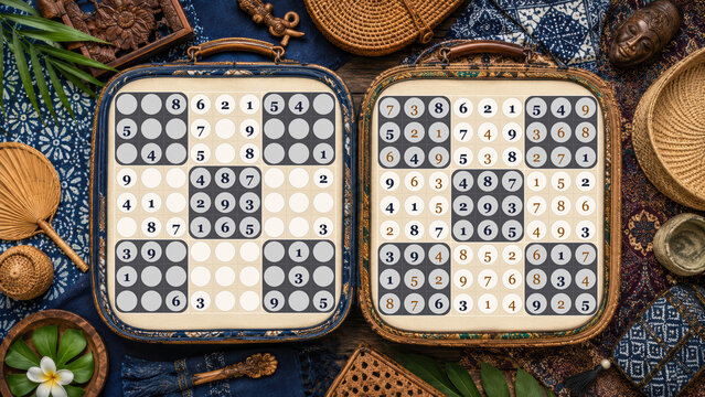 Tropical safari style rattan suitcases with sudoku games amid palm leaves and plumeria.