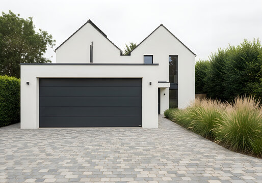 Modern white house with gray garage door and paved driveway exterior design