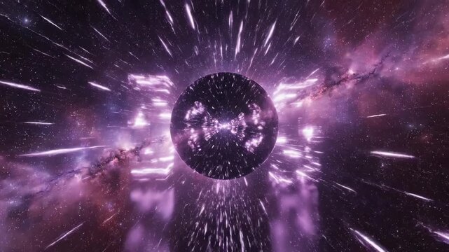 Dynamic abstract animation of purple light streaks and a glowing sphere, simulating hyperspace travel through a vibrant galaxy.