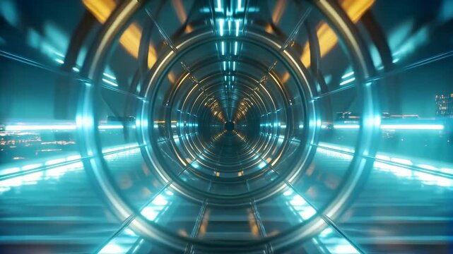 Tracking shot of illuminated circular tunnel moving forward through futuristic city corridor with glowing neon lights at night