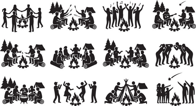 Set of people camping around a campfire, roasting marshmallows, singing, playing guitar and stargazing