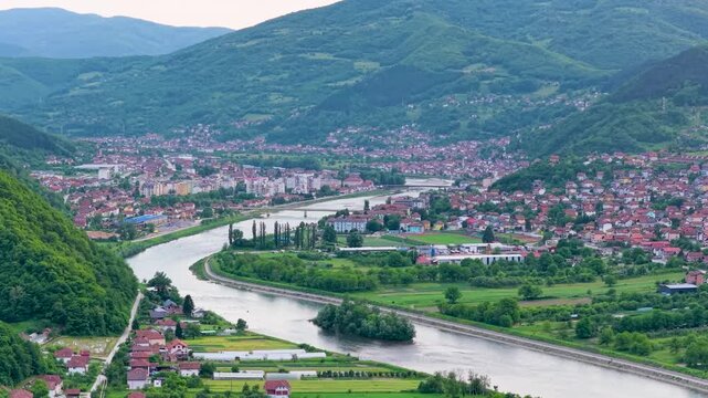 Gorazde, Bosnia and Herzegovina &ndash; May 31, 2026: Drone panorama of Gorazde with the Drina River flowing through the valley