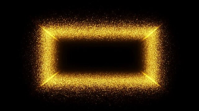 Slow motion static shot of golden particle rectangle forming and shimmering into glowing border against black background in dark studio void