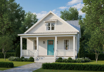 Fototapeta premium Small white house with blue door and large front porch beautiful landscape