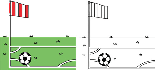 Soccer Field Corner Kick with Ball and Flag Coloring Page and Colored Illustration Vector Set for Kids Sports Theme © Mehrab