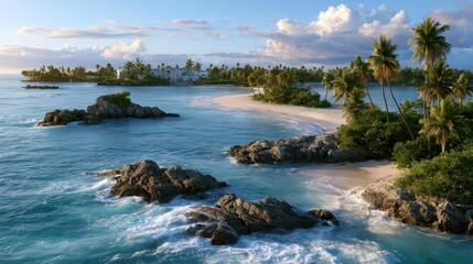 Fototapeta premium Rocky tropical shoreline with crystal clear water and palm trees, coastal adventure, island paradise, scenic travel, summer escape.