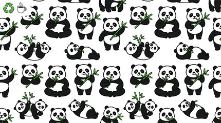 Seamless cute panda pattern vector illustration featuring cartoon giant pandas eating bamboo stems on white background. © Habiba