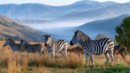 Obraz premium Zebra standing in open grassland with a wildlife herd in the background, African safari, nature conservation, iconic animal portrait.