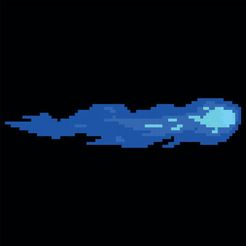 Blue fireball vector pixel art, cartoon retro 8 bit videogame explosion gun shot fire effect, flying missile flame trail