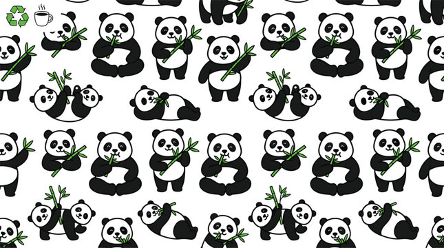 Seamless cute panda pattern vector illustration featuring cartoon giant pandas eating bamboo stems on white background.