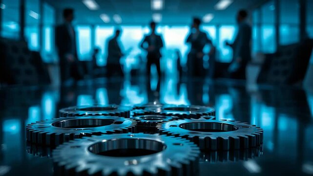 Large interlocking metal gears on a reflective office floor with blurred standing people behind