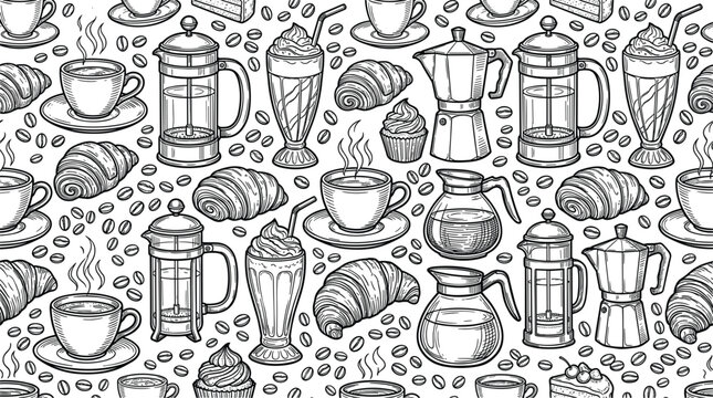Seamless monochrome coffee pattern vector illustration featuring hand drawn cups french press croissants moka pot and beans on white background.