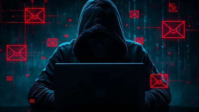 Hooded person using a laptop while red envelope icons appear across a dark digital background